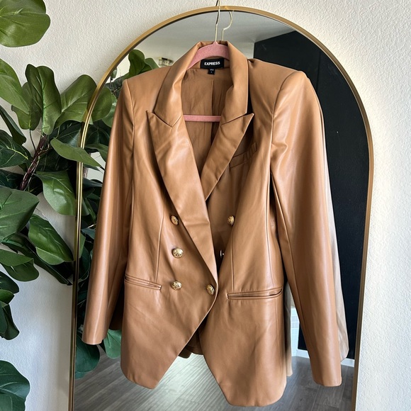 Express Faux Leather Double  Breasted Blazer in Camel Tan - Picture 1 of 3